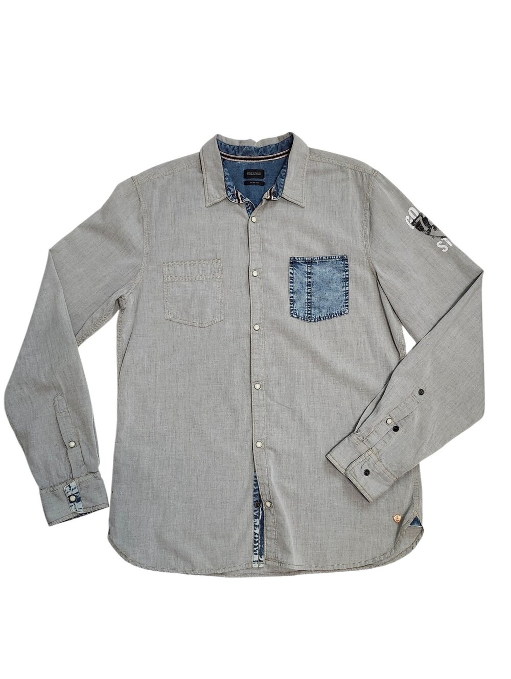 Buffalo David Bitton Slim Fit Long Sleeve Gray Shirt Denim Pocket size L